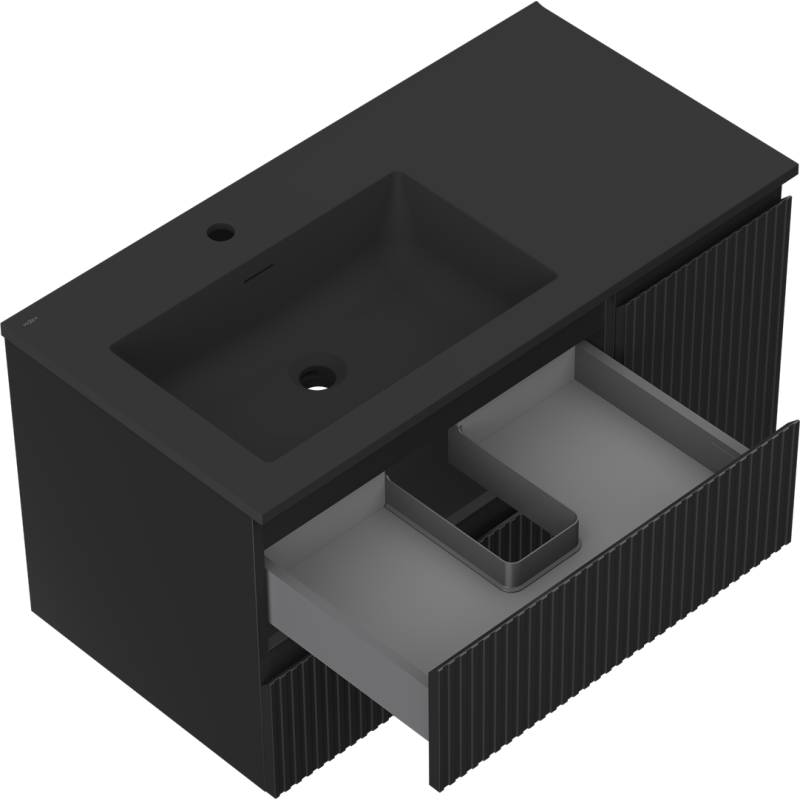 Mexen Rivel koupelnová skříňka 90 cm s umyvadlem Otis vlevo, 2S, 1D, drážkovaná, černá mat - 91A23-09047-3-BBFFF71-W18L71