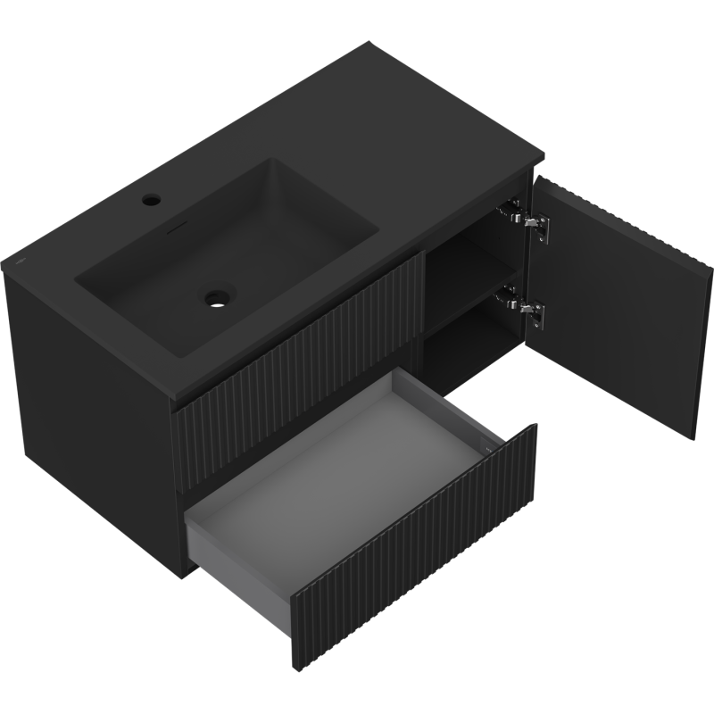 Mexen Rivel koupelnová skříňka 90 cm s umyvadlem Otis vlevo, 2S, 1D, drážkovaná, černá mat - 91A23-09047-3-BBFFF71-W18L71