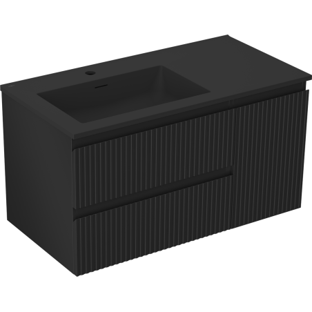 Mexen Rivel koupelnová skříňka 90 cm s umyvadlem Otis vlevo, 2S, 1D, drážkovaná, černá mat - 91A23-09047-3-BBFFF71-W18L71