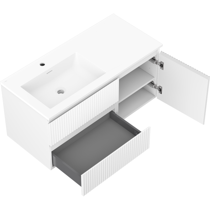 Mexen Rivel koupelnová skříňka 100 cm s umyvadlem Otis vlevo, 2S, 1D, drážkovaná, bílá mat - 91A23-10047-3-BBFFF01-W18L01
