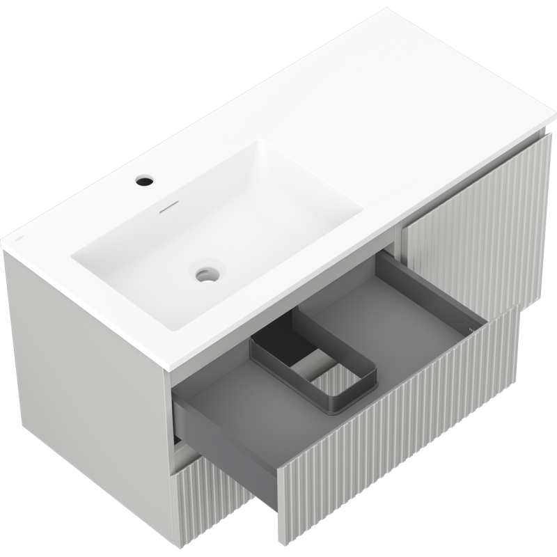 Mexen Rivel koupelnová skříňka 100 cm s umyvadlem Otis vlevo, 2S, 1D, vroubkovaná, šedý mat/bílý mat