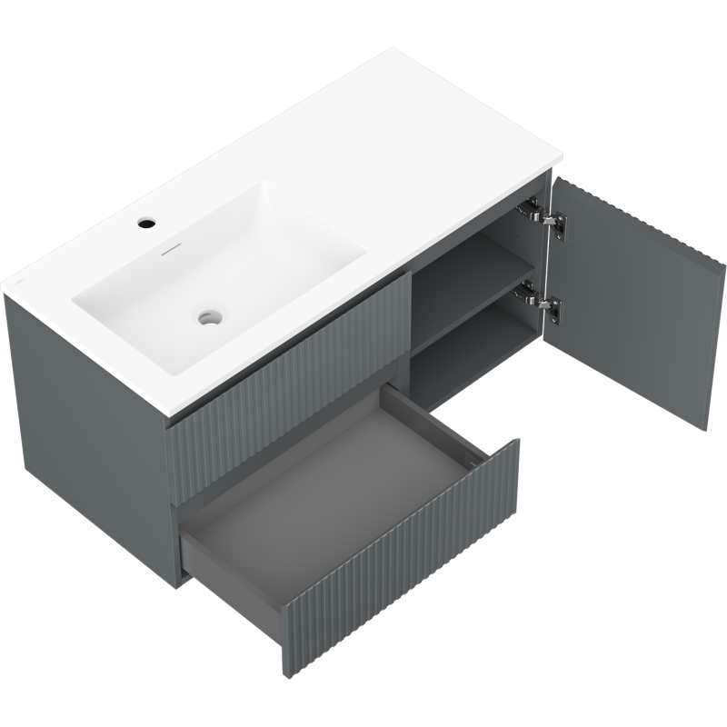 Mexen Rivel koupelnová skříňka 100 cm s umyvadlem Otis vlevo, 2S, 1D, rýhovaná, grafit/bílá mat - 91A23-10047-3-BBFFF66-W18L01