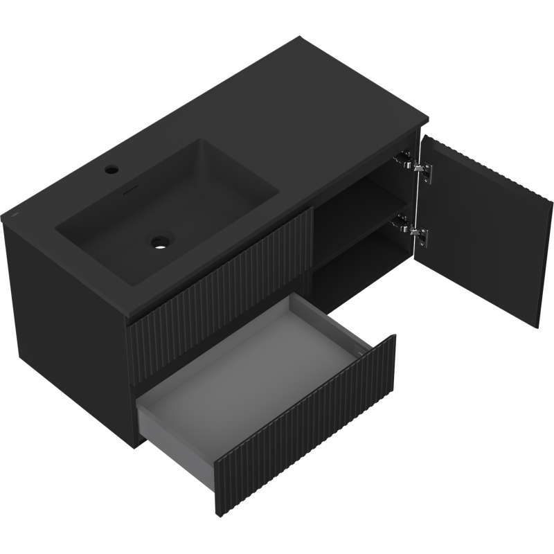 Mexen Rivel koupelnová skříňka 100 cm s umyvadlem Otis vlevo, 2S, 1D, rýhovaná, černá mat - 91A23-10047-3-BBFFF71-W18L71