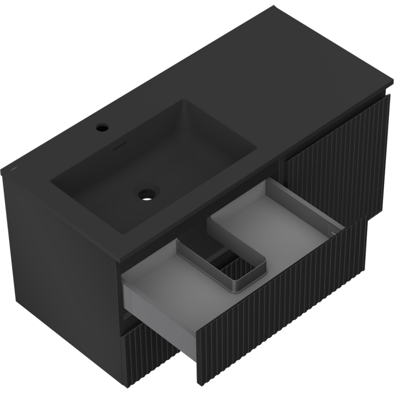 Mexen Rivel koupelnová skříňka 100 cm s umyvadlem Otis vlevo, 2S, 1D, rýhovaná, černá mat - 91A23-10047-3-BBFFF71-W18L71