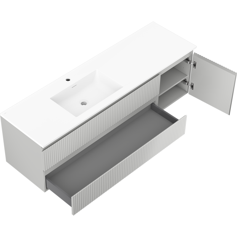 Mexen Rivel koupelnová skříňka 160 cm s umyvadlem Otis vlevo, 2S, 1D, drážkovaná, šedá matná/bílá matná