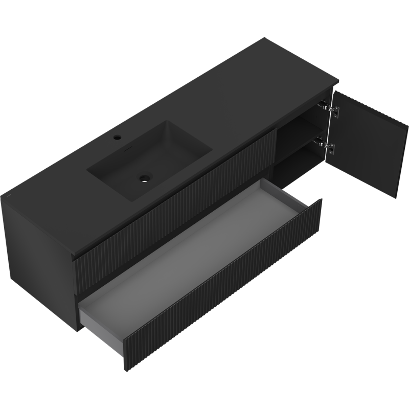 Mexen Rivel koupelnová skříňka 160 cm s umyvadlem Otis vlevo, 2S, 1D, rýhovaná, černá mat - 91A23-16047-3-BBFFF71-W18L71