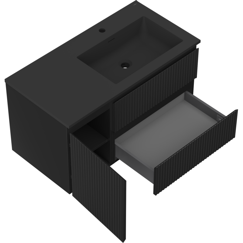 Mexen Rivel koupelnová skříňka 90 cm s umyvadlem Otis pravá, 2S, 1D, rýhovaná, černá mat - 91A23-09047-3-BBFFF71-W18P71