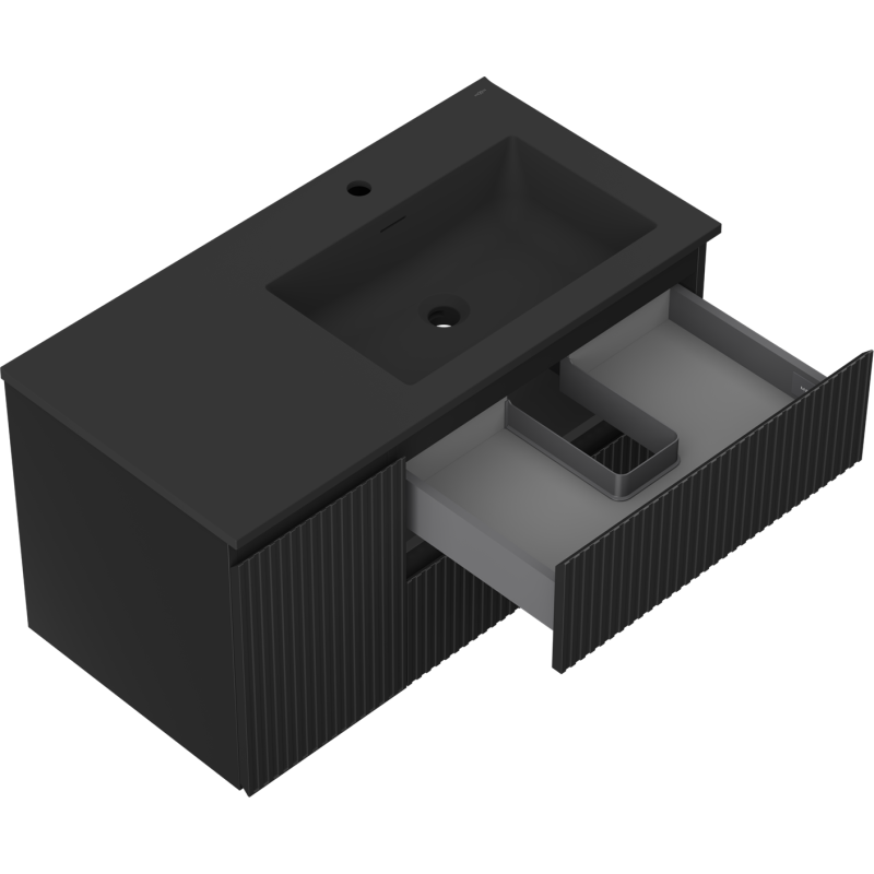 Mexen Rivel koupelnová skříňka 90 cm s umyvadlem Otis pravá, 2S, 1D, rýhovaná, černá mat - 91A23-09047-3-BBFFF71-W18P71