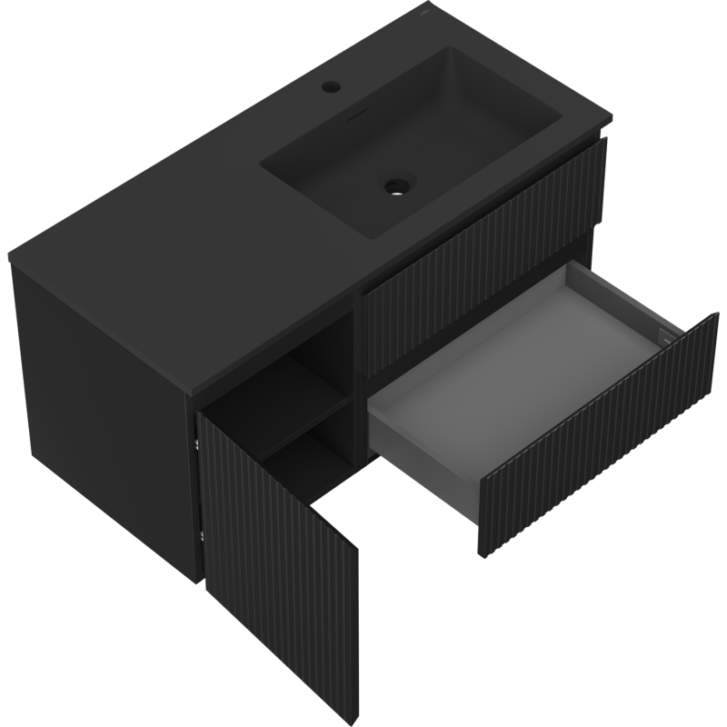 Mexen Rivel koupelnová skříňka 100 cm s umyvadlem Otis pravým, 2S, 1D, rýhovaná, černá matná - 91A23-10047-3-BBFFF71-W18P71