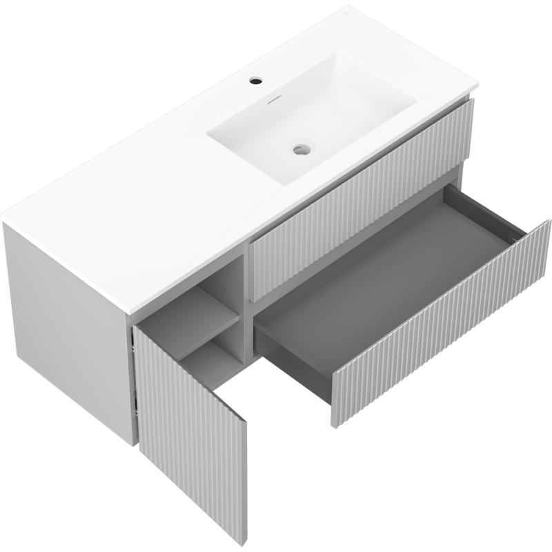 Mexen Rivel koupelnová skříňka 120 cm s umyvadlem Otis vpravo, 2S, 1D, drážkovaná, šedá/bílá mat - 91A23-12047-3-BBFFF62-W18P01