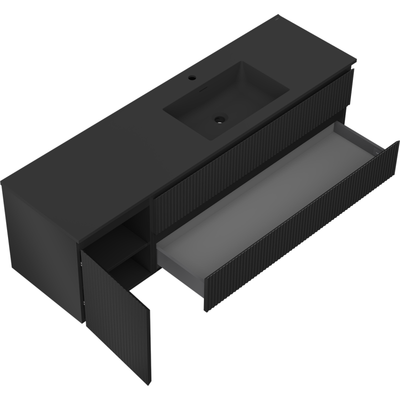 Mexen Rivel koupelnová skříňka 160 cm s umyvadlem Otis pravá, 2S, 1D, drážkovaná, černá mat - 91A23-16047-3-BBFFF71-W18P71