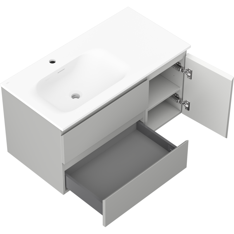 Mexen Orio koupelnová skříňka 90 cm s umyvadlem Vela levým, 2S, 1D, šedá mat/bílá mat - 91A13-09047-3-BBFFF62-W23L01
