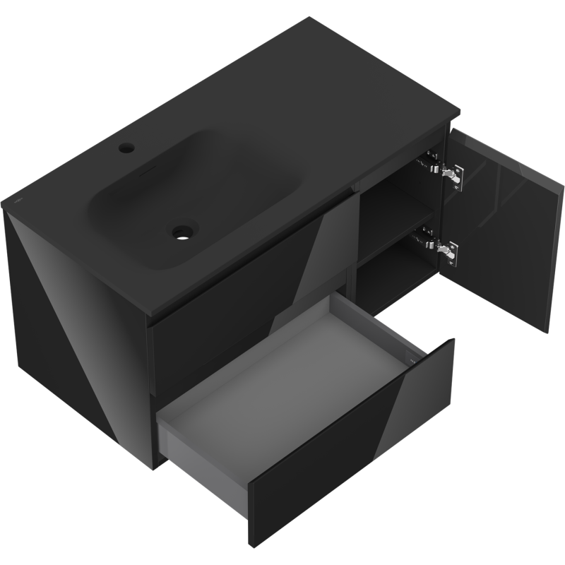 Mexen Orio koupelnová skříňka 90 cm s umyvadlem Vela levá, 2S, 1D, černý lesk/černý mat - 91A13-09047-3-BBFFF70-W23L71