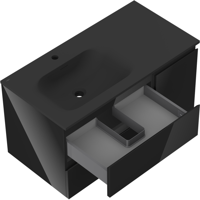 Mexen Orio koupelnová skříňka 90 cm s umyvadlem Vela levá, 2S, 1D, černý lesk/černý mat - 91A13-09047-3-BBFFF70-W23L71
