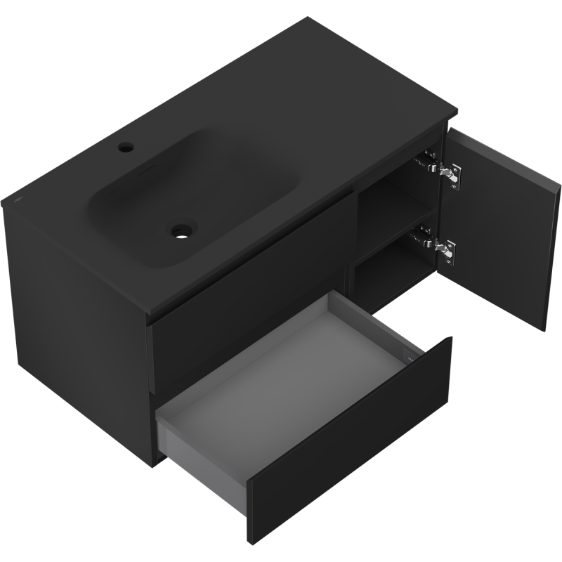 Mexen Orio koupelnová skříňka 90 cm s umyvadlem Vela levým, 2S, 1D, černá mat - 91A13-09047-3-BBFFF71-W23L71