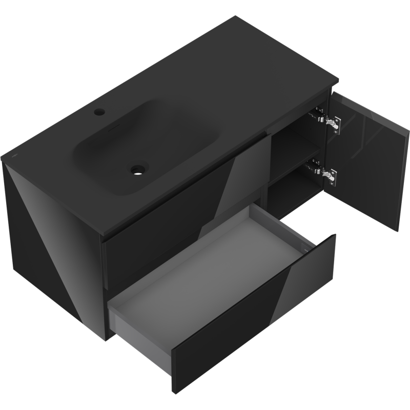 Mexen Orio koupelnová skříňka 100 cm s umyvadlem Vela levá, 2S, 1D, černý lesk/černý mat - 91A13-10047-3-BBFFF70-W23L71