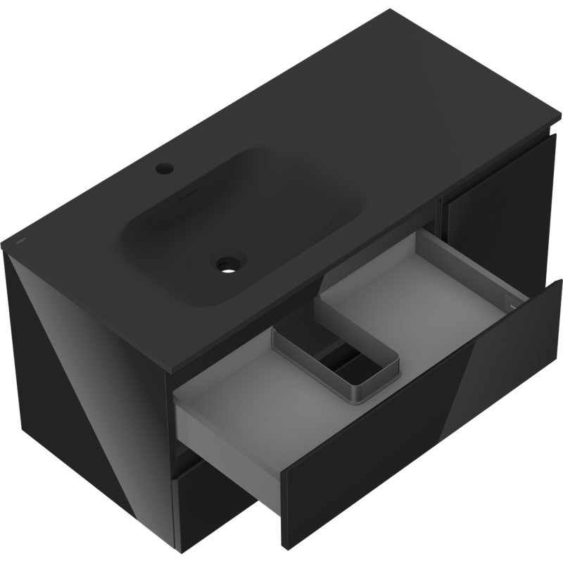 Mexen Orio koupelnová skříňka 100 cm s umyvadlem Vela levá, 2S, 1D, černý lesk/černý mat - 91A13-10047-3-BBFFF70-W23L71