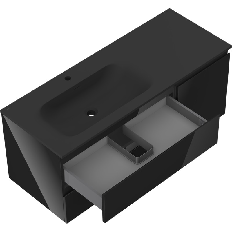 Mexen Orio koupelnová skříňka 120 cm s umyvadlem Vela levé, 2S, 1D, černý lesk/černý mat - 91A13-12047-3-BBFFF70-W23L71