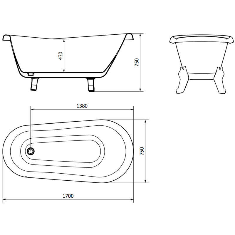 Mexen Retro volně stojící vana 170 x 75 cm, bílá/černá, chromované nohy - 53251707575-00