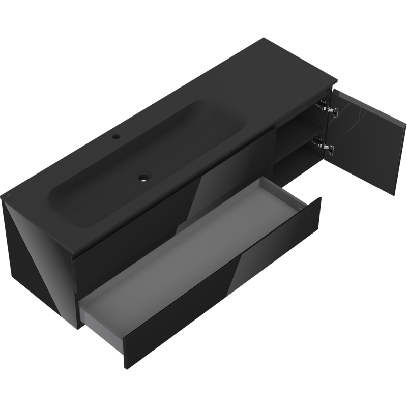 Mexen Orio koupelnová skříňka 160 cm s umyvadlem Vela vlevo, 2S, 1D, černý lesk/černý mat - 91A13-16047-3-BBFFF70-W23L71