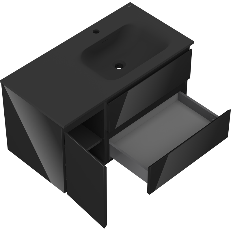 Mexen Orio koupelnová skříňka 90 cm s umyvadlem Vela vpravo, 2S, 1D, černý lesk/černý mat - 91A13-09047-3-BBFFF70-W23P71