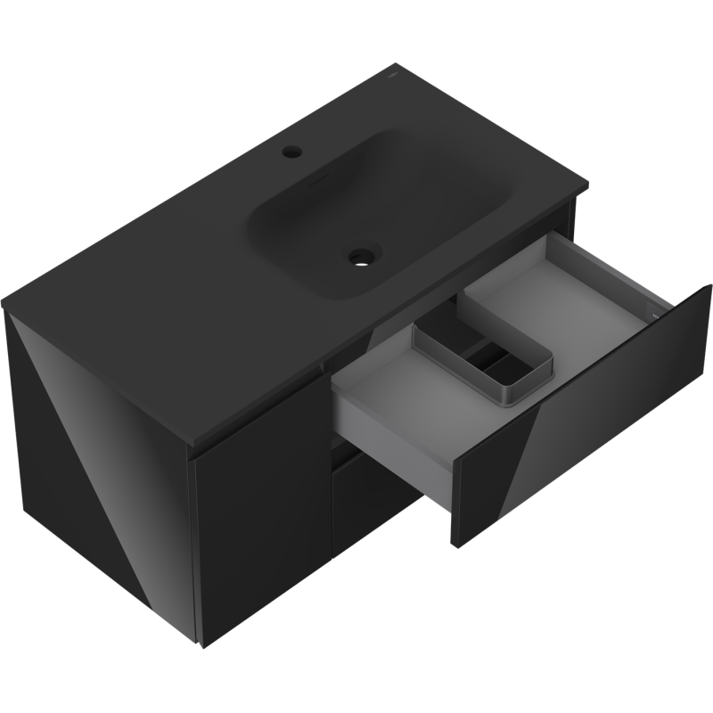 Mexen Orio koupelnová skříňka 90 cm s umyvadlem Vela vpravo, 2S, 1D, černý lesk/černý mat - 91A13-09047-3-BBFFF70-W23P71