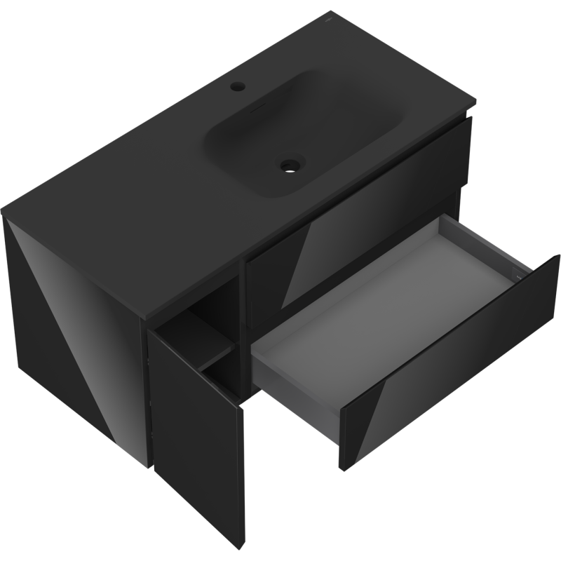 Mexen Orio koupelnová skříňka 100 cm s umyvadlem Vela pravá, 2S, 1D, černý lesk/černý mat