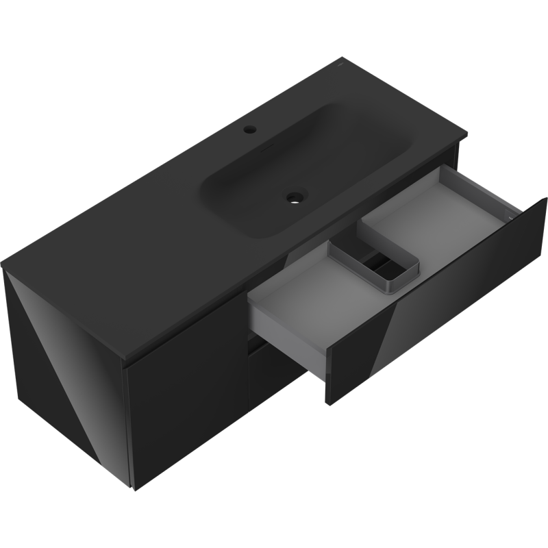 Mexen Orio koupelnová skříňka 120 cm s umyvadlem Vela pravým, 2S, 1D, černý lesk/černý mat - 91A13-12047-3-BBFFF70-W23P71