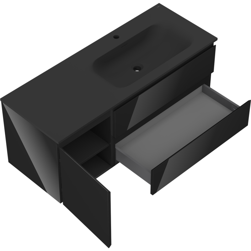 Mexen Orio koupelnová skříňka 120 cm s umyvadlem Vela pravým, 2S, 1D, černý lesk/černý mat - 91A13-12047-3-BBFFF70-W23P71