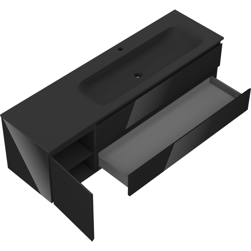 Mexen Orio koupelnová skříňka 160 cm s umyvadlem Vela pravým, 2S, 1D, černý lesk/černá mat - 91A13-16047-3-BBFFF70-W23P71