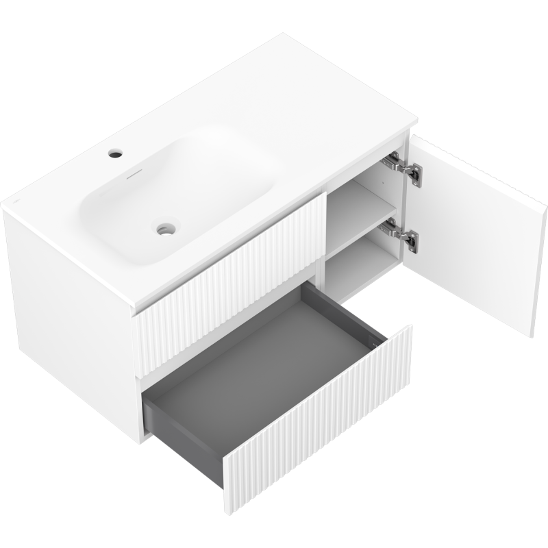 Mexen Rivel koupelnová skříňka 90 cm s umyvadlem Vela levá, 2S, 1D, rýhovaná, bílá mat - 91A23-09047-3-BBFFF01-W23L01