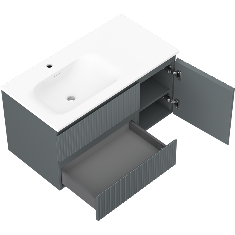 Mexen Rivel koupelnová skříňka 90 cm s umyvadlem Vela vlevo, 2S, 1D, rýhovaná, grafit mat/bílá mat
