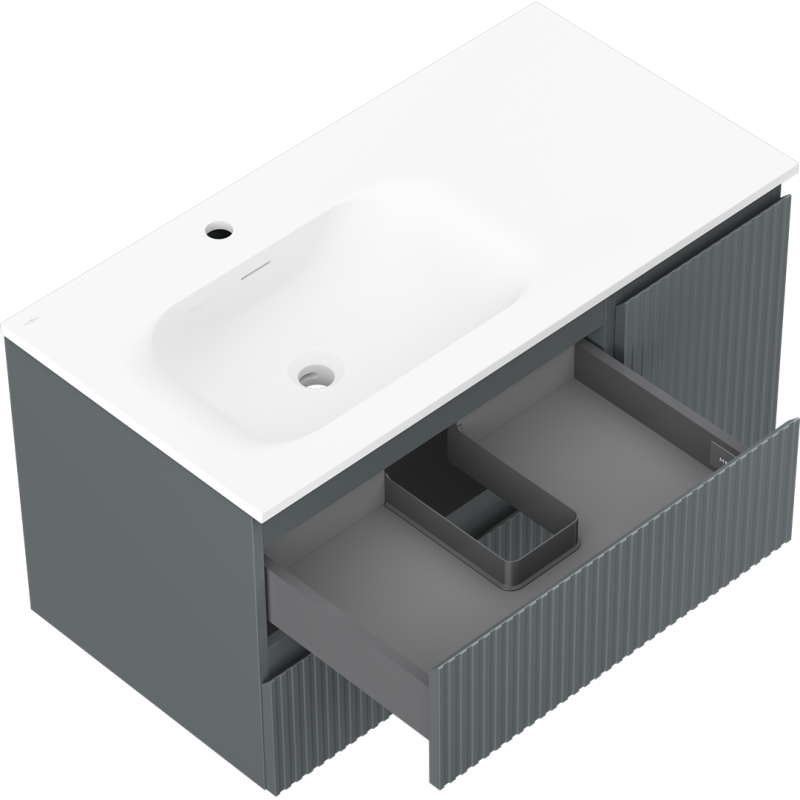 Mexen Rivel koupelnová skříňka 90 cm s umyvadlem Vela vlevo, 2S, 1D, rýhovaná, grafit mat/bílá mat