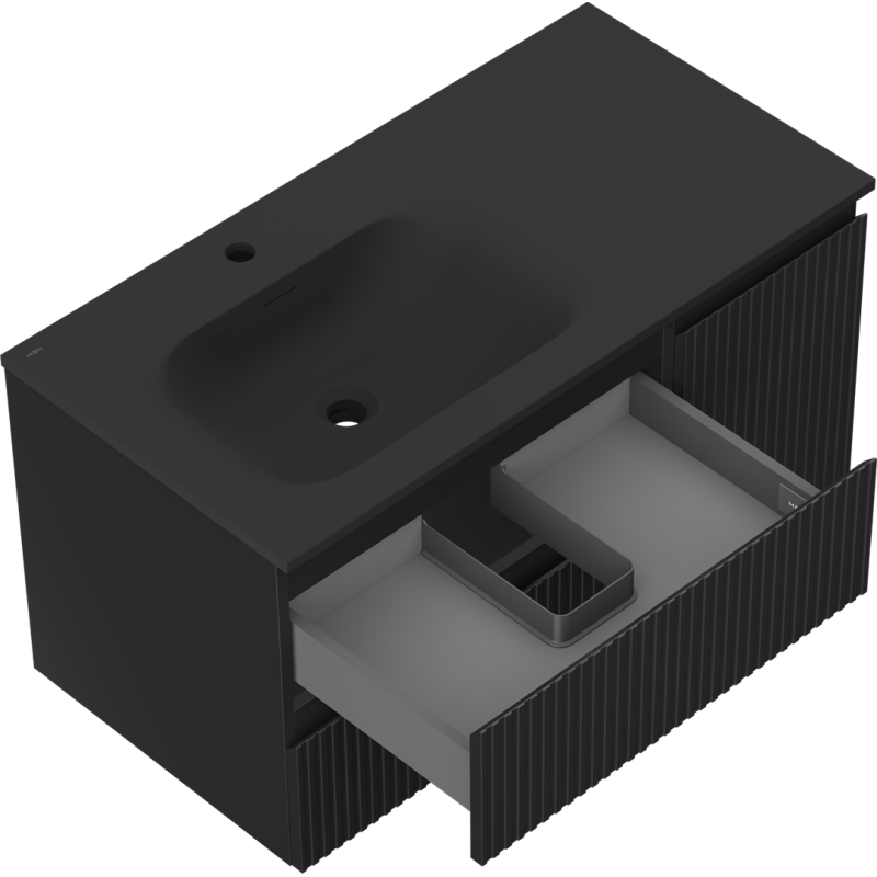 Mexen Rivel koupelnová skříňka 90 cm s umyvadlem Vela vlevo, 2S, 1D, drážkovaná, černá mat - 91A23-09047-3-BBFFF71-W23L71
