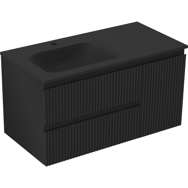 Mexen Rivel koupelnová skříňka 90 cm s umyvadlem Vela vlevo, 2S, 1D, drážkovaná, černá mat - 91A23-09047-3-BBFFF71-W23L71