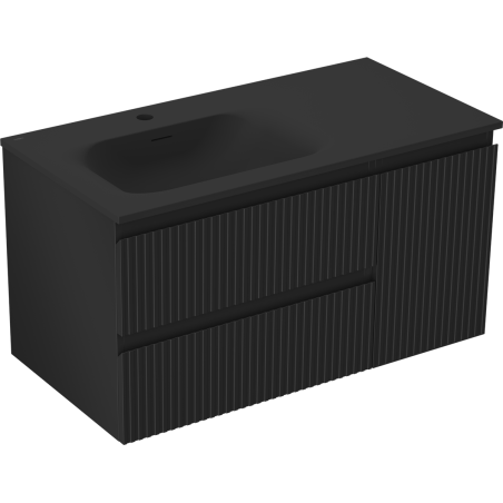 Mexen Rivel koupelnová skříňka 90 cm s umyvadlem Vela vlevo, 2S, 1D, drážkovaná, černá mat - 91A23-09047-3-BBFFF71-W23L71