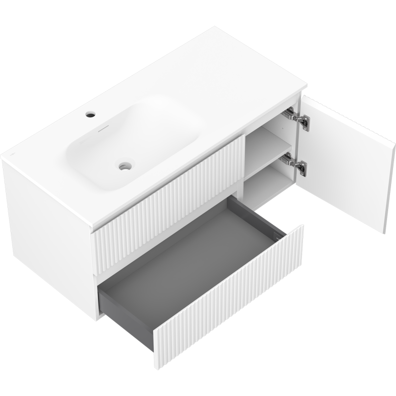 Mexen Rivel koupelnová skříňka 100 cm s umyvadlem Vela vlevo, 2S, 1D, rýhovaná, bílá mat - 91A23-10047-3-BBFFF01-W23L01