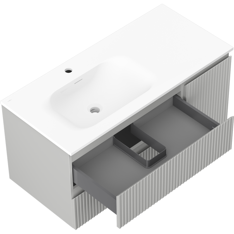 Mexen Rivel koupelnová skříňka 100 cm s umyvadlem Vela levá, 2S, 1D, rýhovaná, šedá mat/bílá mat