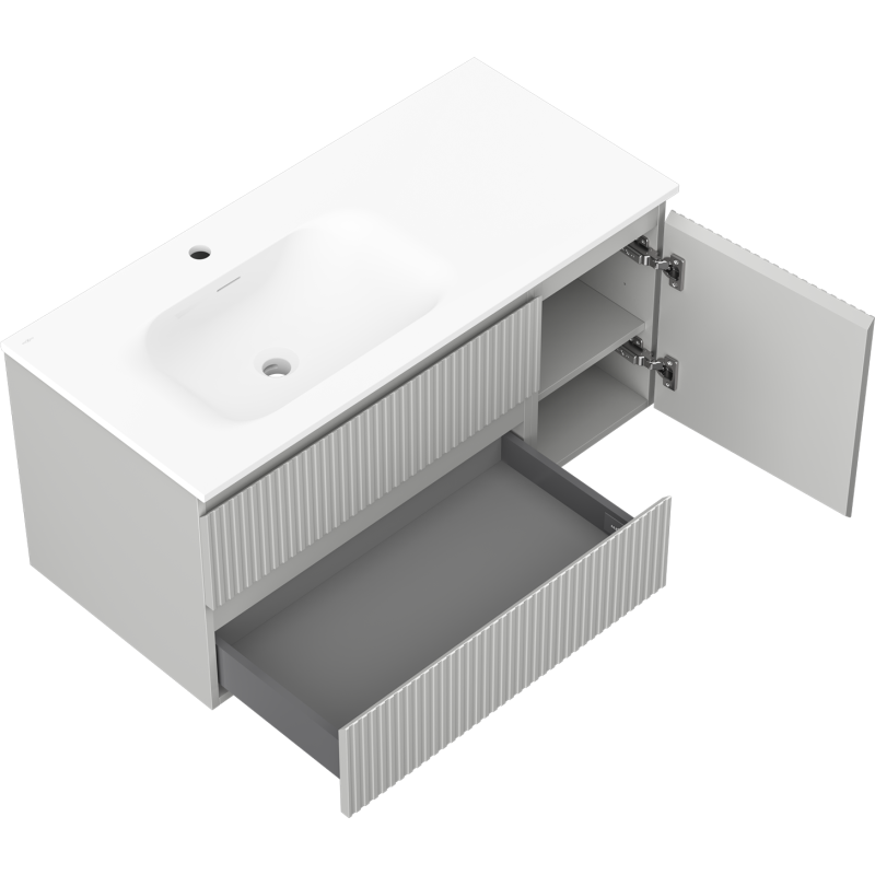 Mexen Rivel koupelnová skříňka 100 cm s umyvadlem Vela levá, 2S, 1D, rýhovaná, šedá mat/bílá mat