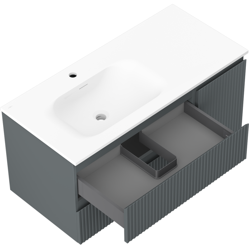 Mexen Rivel koupelnová skříňka 100 cm s umyvadlem Vela levá, 2S, 1D, žebrovaná, grafit/bílá mat - 91A23-10047-3-BBFFF66-W23L01