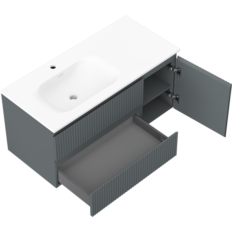 Mexen Rivel koupelnová skříňka 100 cm s umyvadlem Vela levá, 2S, 1D, žebrovaná, grafit/bílá mat - 91A23-10047-3-BBFFF66-W23L01