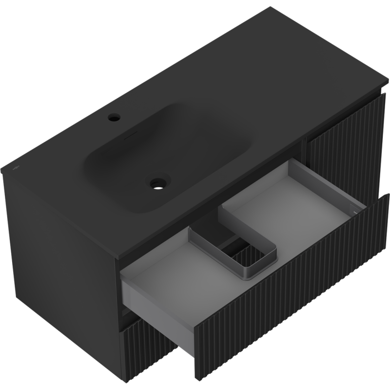 Mexen Rivel koupelnová skříňka 100 cm s umyvadlem Vela levým, 2S, 1D, drážkovaná, černá matná - 91A23-10047-3-BBFFF71-W23L71