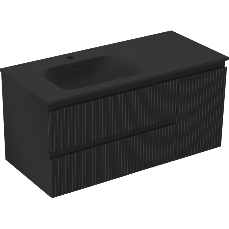Mexen Rivel koupelnová skříňka 100 cm s umyvadlem Vela levým, 2S, 1D, drážkovaná, černá matná - 91A23-10047-3-BBFFF71-W23L71