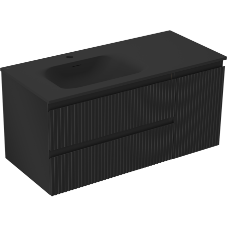 Mexen Rivel koupelnová skříňka 100 cm s umyvadlem Vela levým, 2S, 1D, drážkovaná, černá matná - 91A23-10047-3-BBFFF71-W23L71