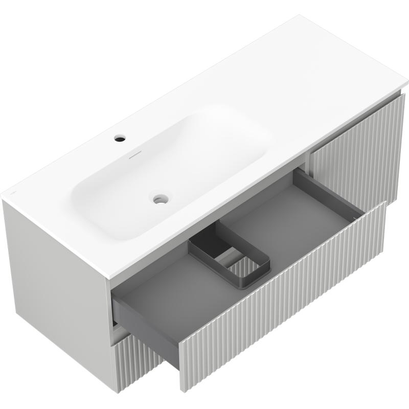 Mexen Rivel koupelnová skříňka 120 cm s umyvadlem Vela levou, 2S, 1D, rýhovaná, šedá mat/bílá mat - 91A23-12047-3-BBFFF62-W23L01
