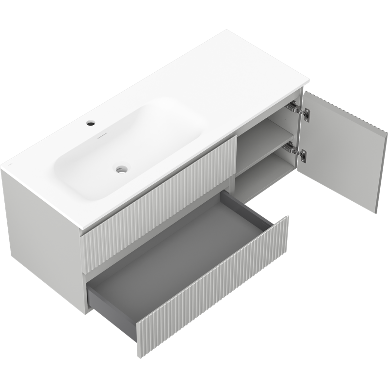 Mexen Rivel koupelnová skříňka 120 cm s umyvadlem Vela levou, 2S, 1D, rýhovaná, šedá mat/bílá mat - 91A23-12047-3-BBFFF62-W23L01