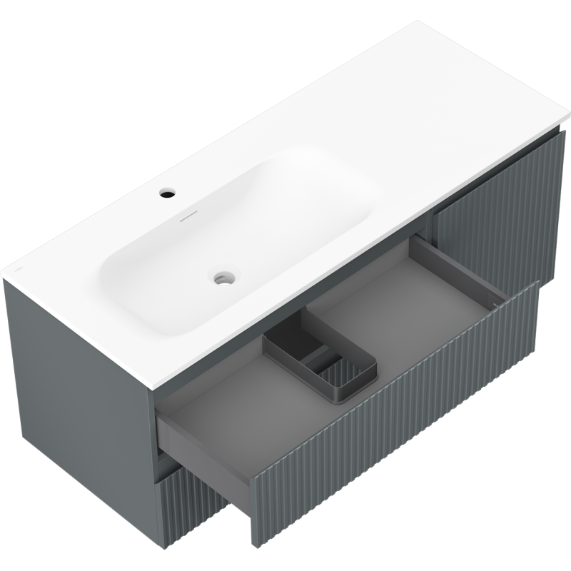 Mexen Rivel koupelnová skříňka 120 cm s umyvadlem Vela vlevo, 2S, 1D, drážkovaná, grafit/bílá mat - 91A23-12047-3-BBFFF66-W23L01