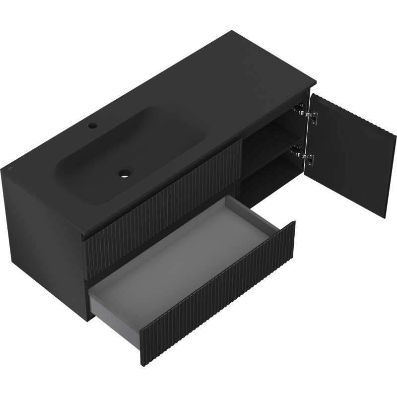 Mexen Rivel koupelnová skříňka 120 cm s umyvadlem Vela levým, 2S, 1D, ryhovaná, černá mat - 91A23-12047-3-BBFFF71-W23L71