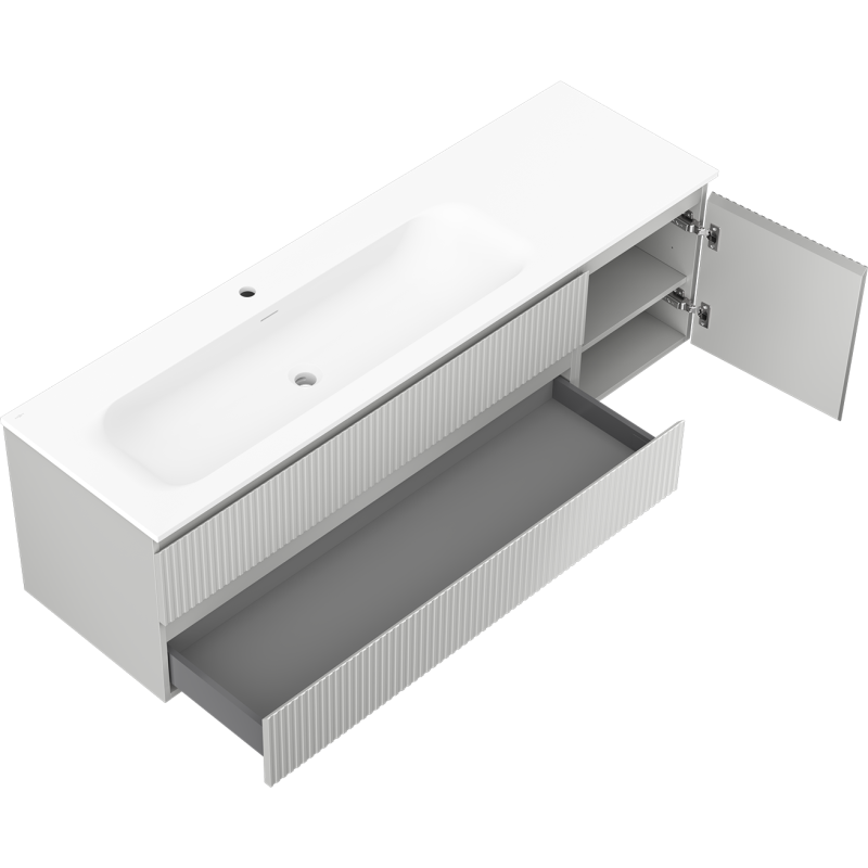 Mexen Rivel koupelnová skříňka 160 cm s umyvadlem Vela levou, 2S, 1D, rýhovaná, šedá matná/bílá matná