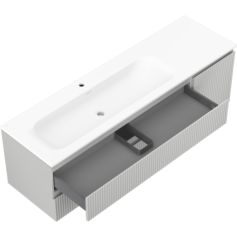 Mexen Rivel koupelnová skříňka 160 cm s umyvadlem Vela levou, 2S, 1D, rýhovaná, šedá matná/bílá matná
